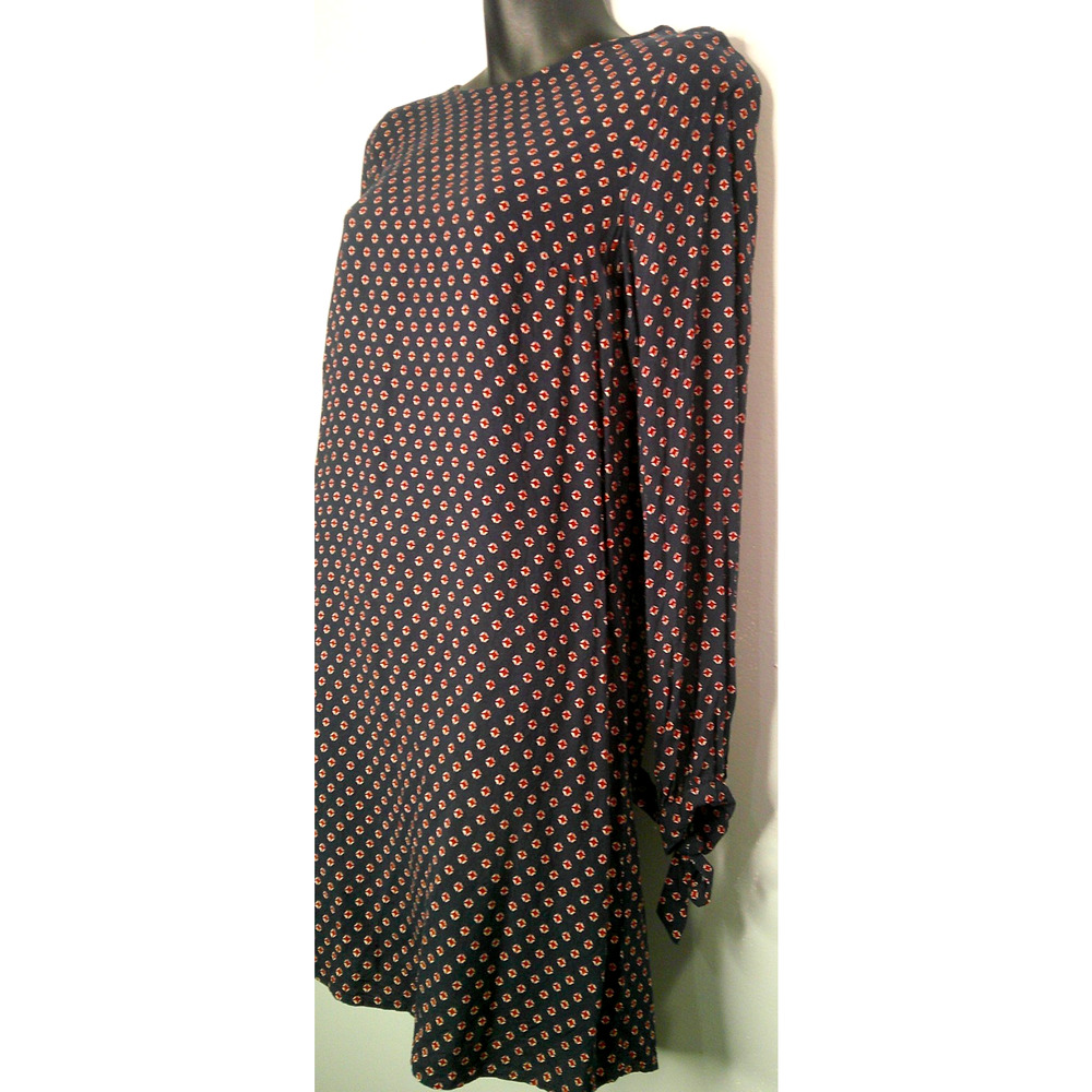 H&M Jual Tie Sleeve Midi Patterned Dress Women's 6 Round Neck Navy Red - Picture 4 of 8